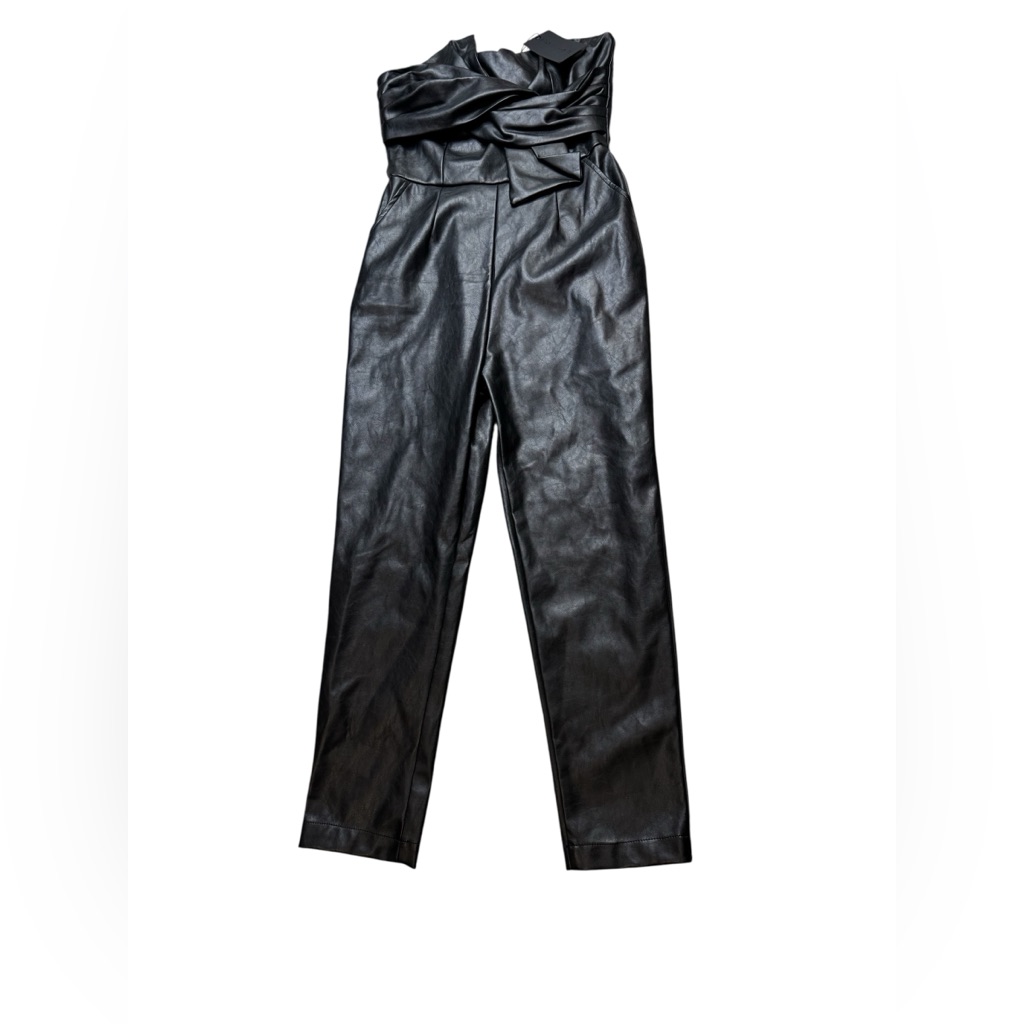 Kendall + Kylie Black Faux Leather Strapless Front Tie Jumpsuit Small Nwt — image 2 of 7